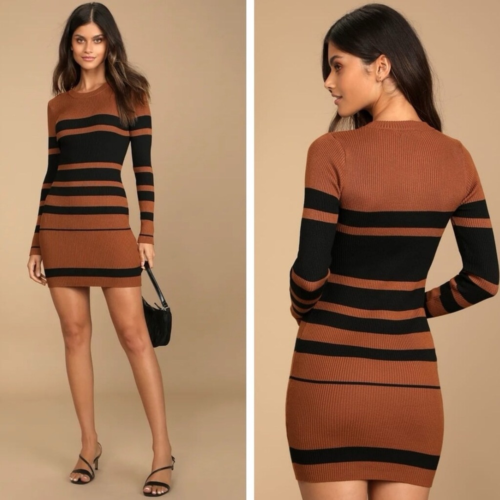 Lulu's Thankful for You Brown and Black Sweater Dress